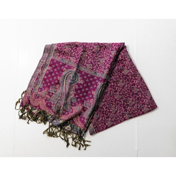 Vintage Paisley Scarf Wrap Shawl 71" X 28" Purple Gold 3" Fringe Boho Chic - Picture 4 of 9